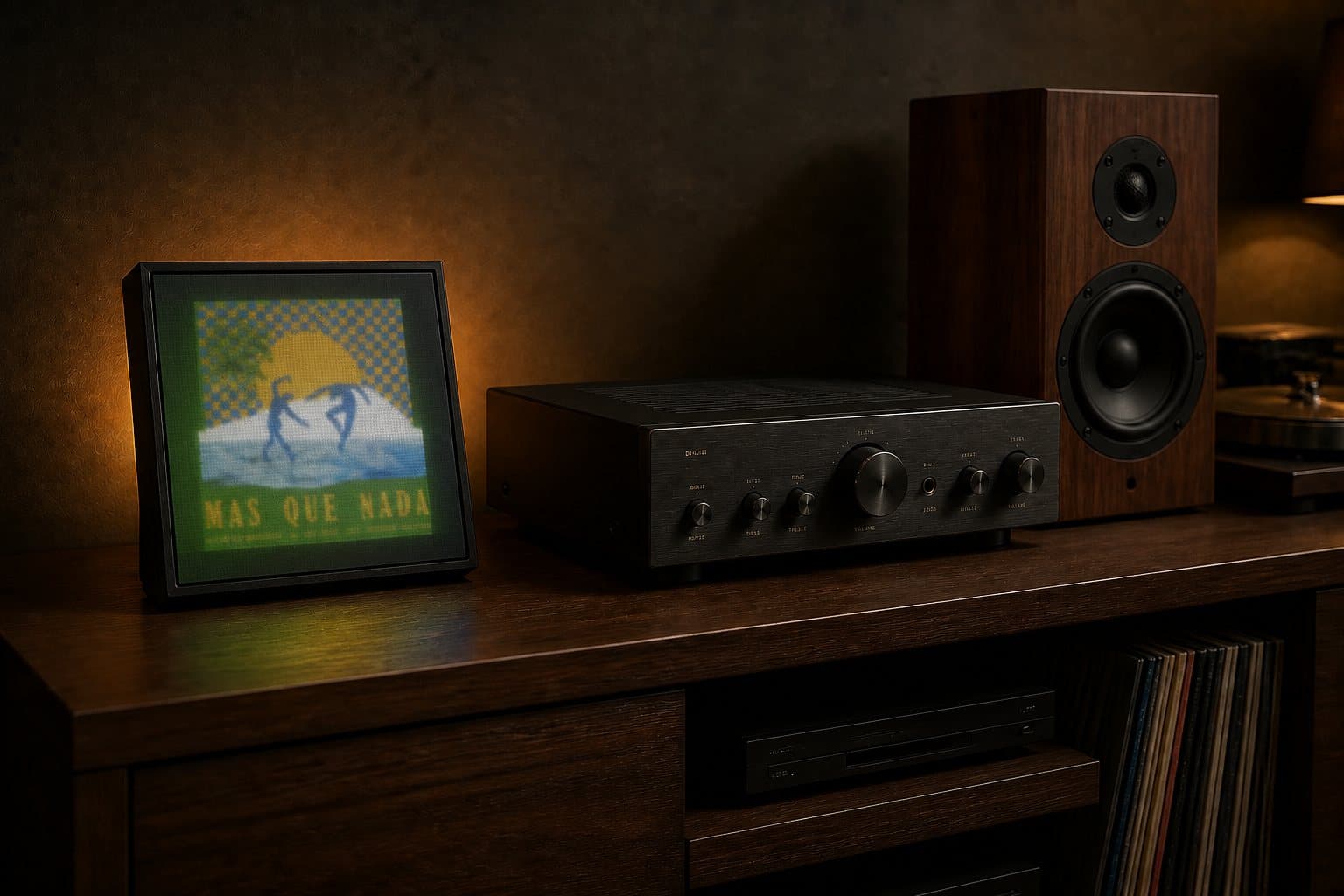 A Lumetto glowing on a walnut credenza beside an amplifier, a bookshelf speaker and a turntable, in a dim room